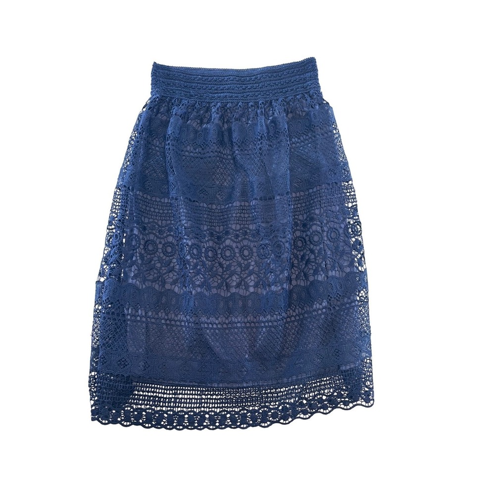 J. Lee Navy Blue Floral Lace Midi Skirt Womens Medium Smocked Waist Boho A-Line
